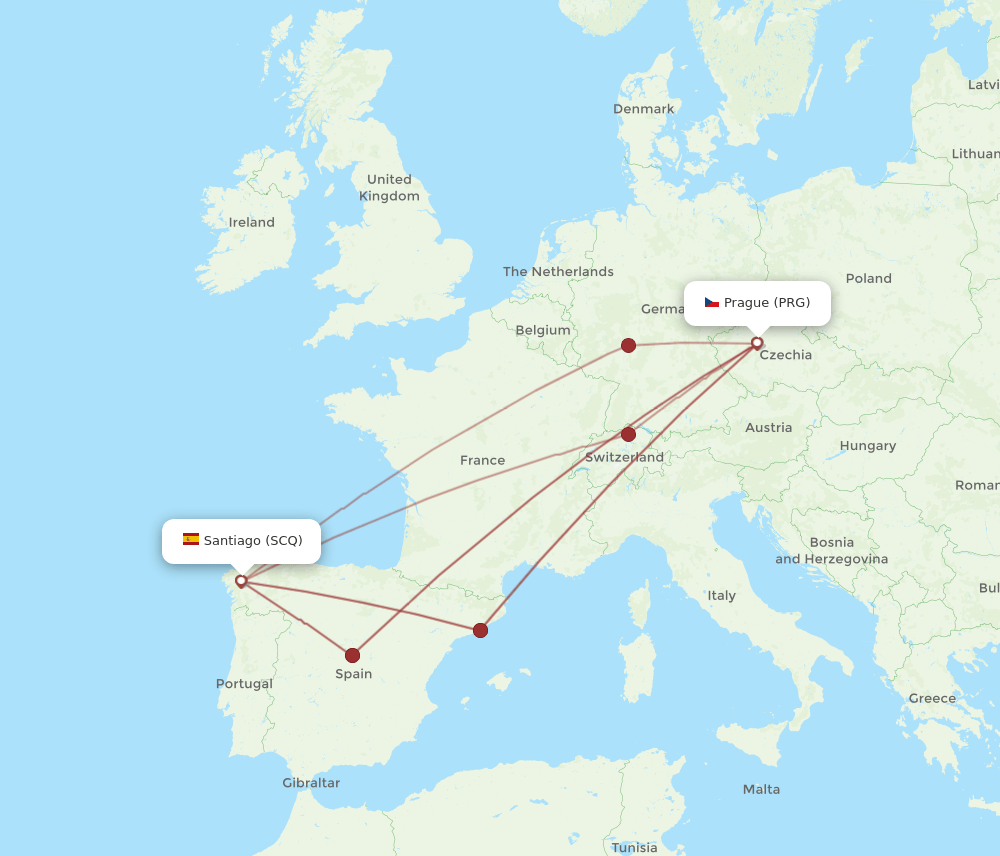 PRG to SCQ flights and routes map