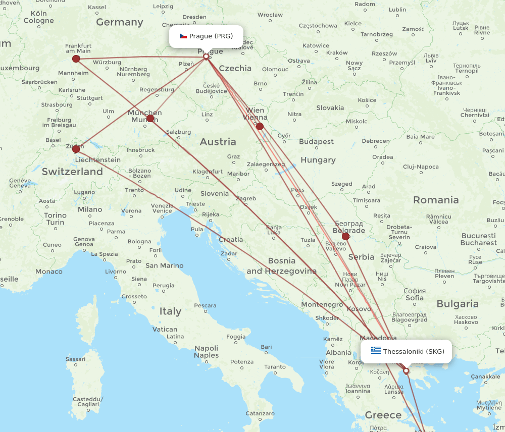 PRG to SKG flights and routes map