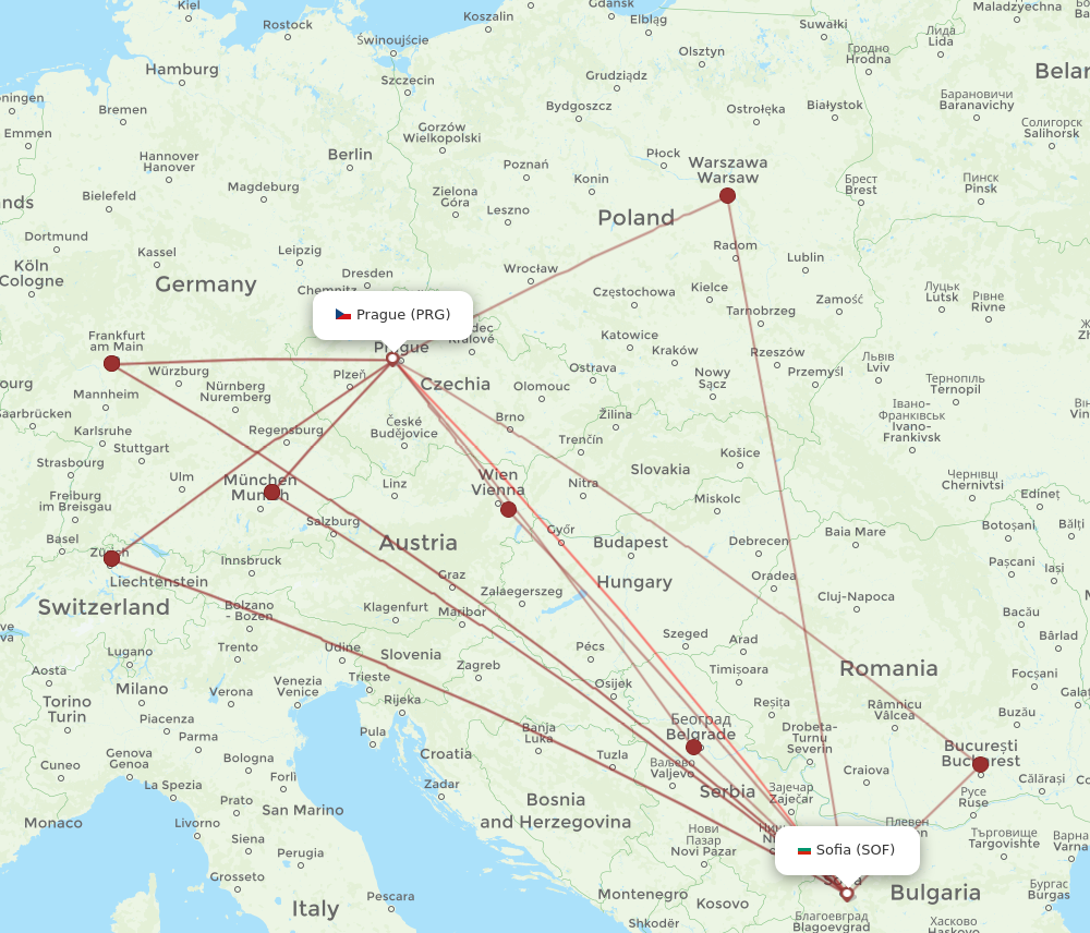 PRG to SOF flights and routes map