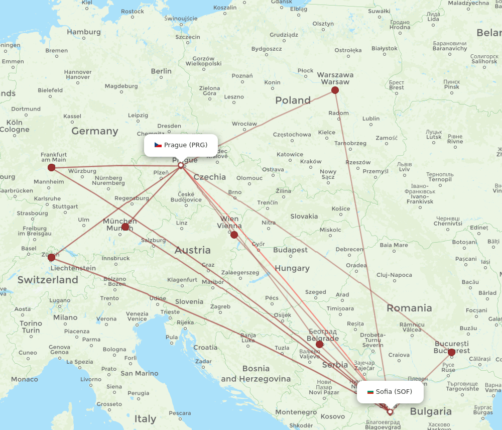 PRG to SOF flights and routes map