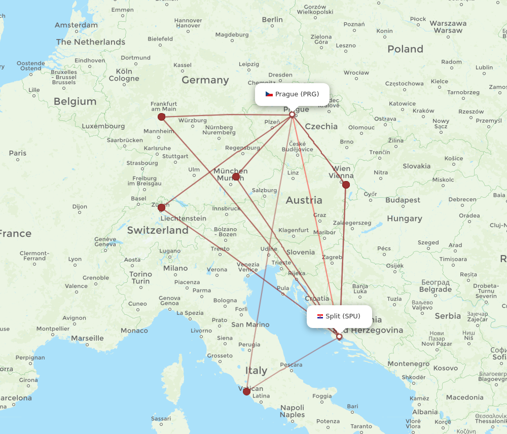 PRG to SPU flights and routes map