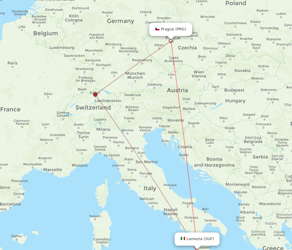 PRG to SUF flights and routes map