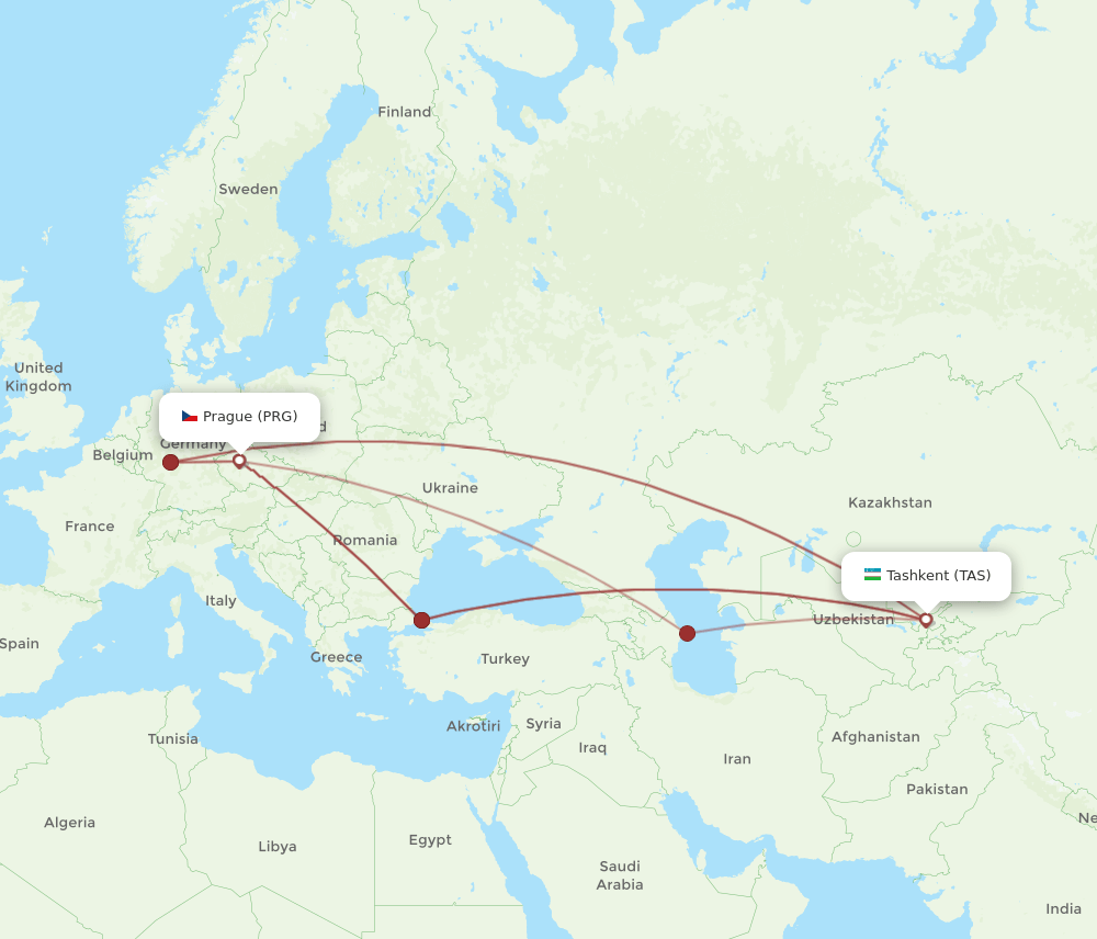 PRG to TAS flights and routes map