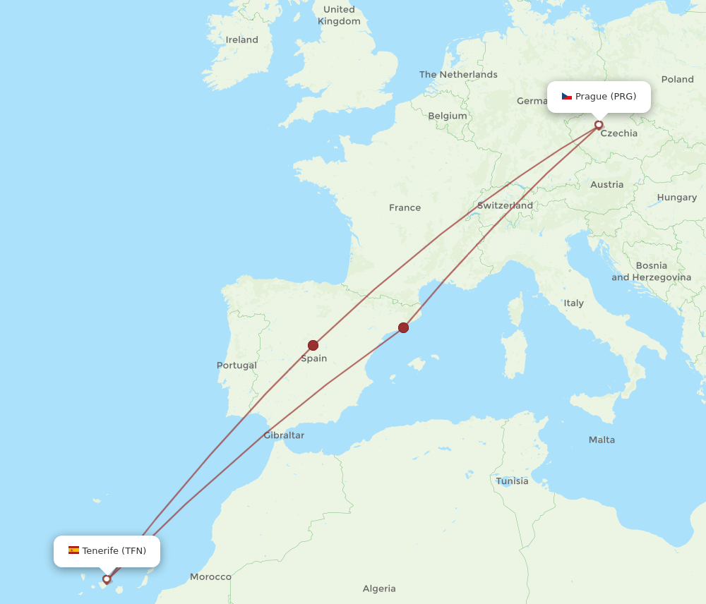 PRG to TFN flights and routes map