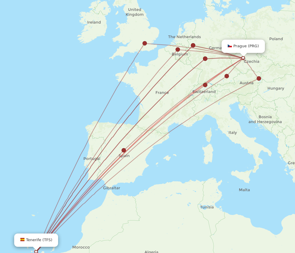 PRG to TFS flights and routes map