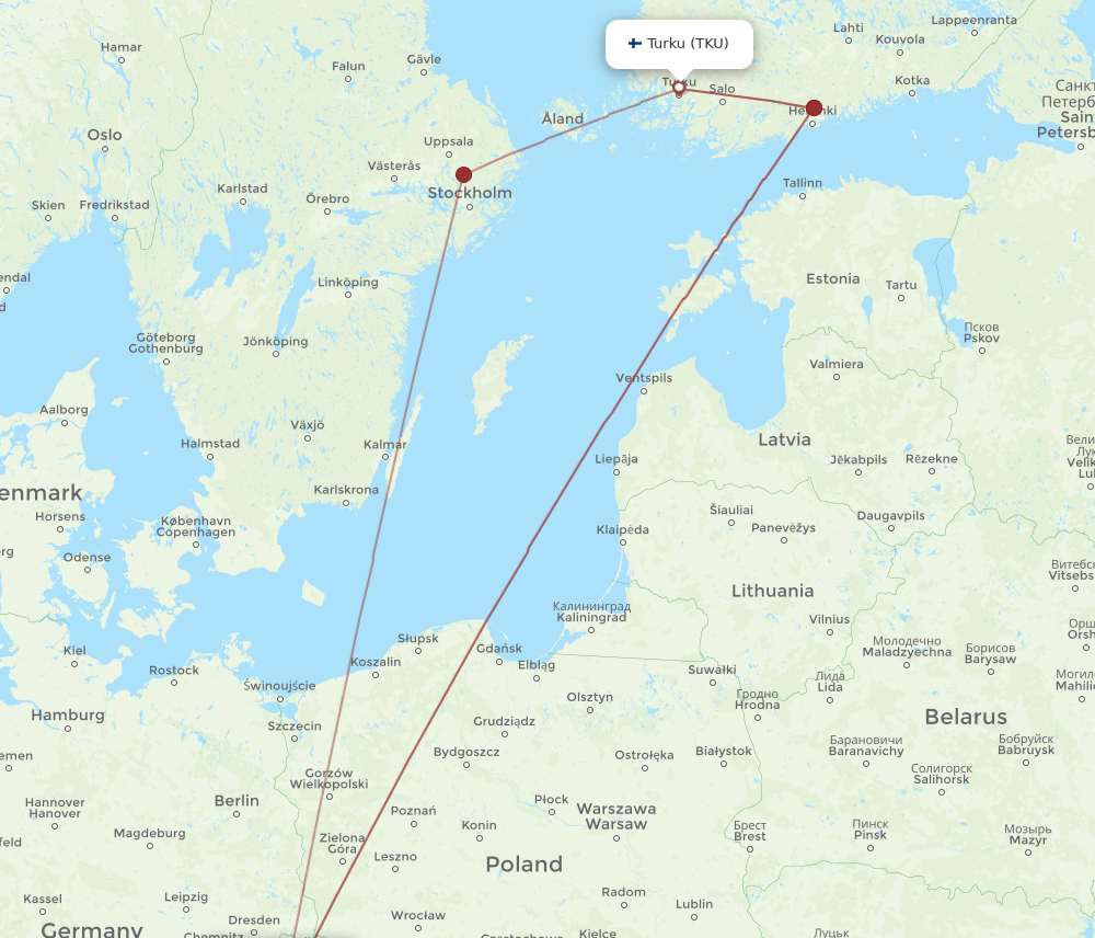 PRG to TKU flights and routes map