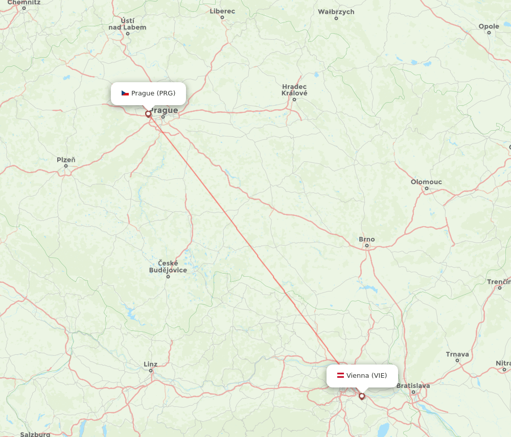 Prague - Vienna route map and flight paths