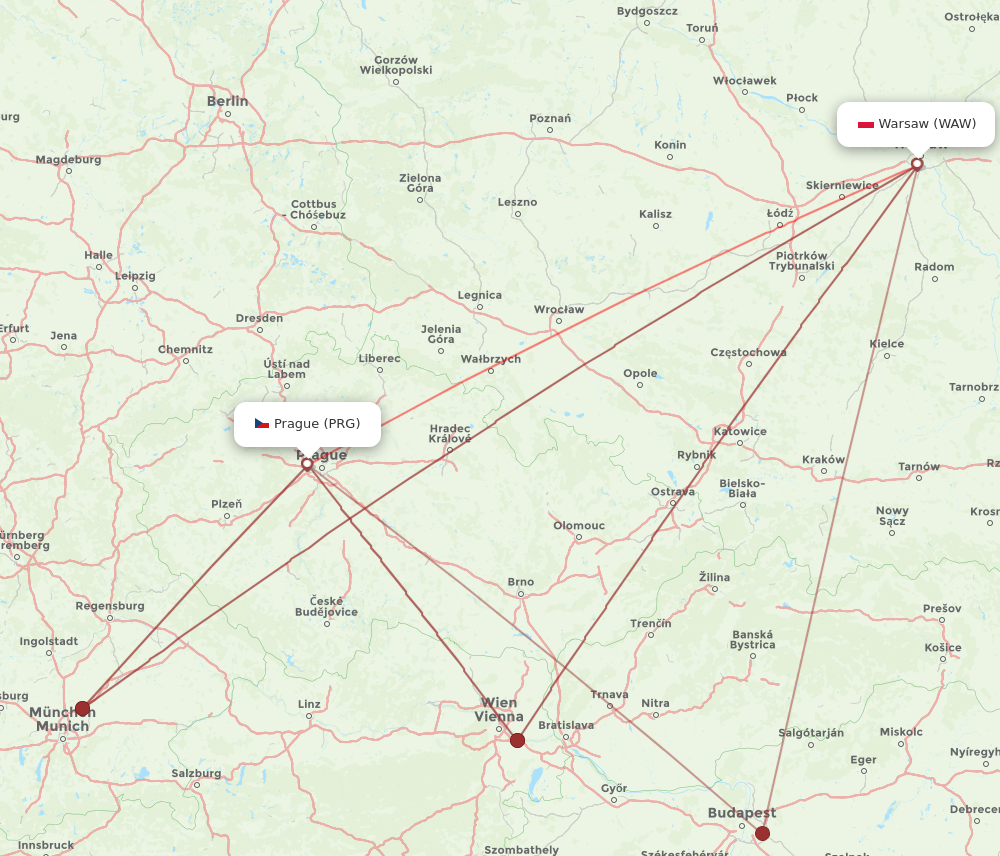 PRG to WAW flights and routes map