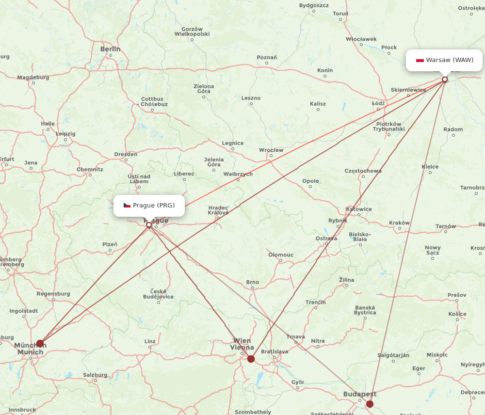 PRG to WAW flights and routes map