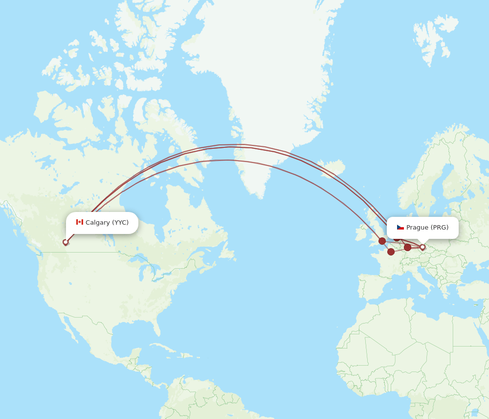 Calgary - Prague route map and flight paths