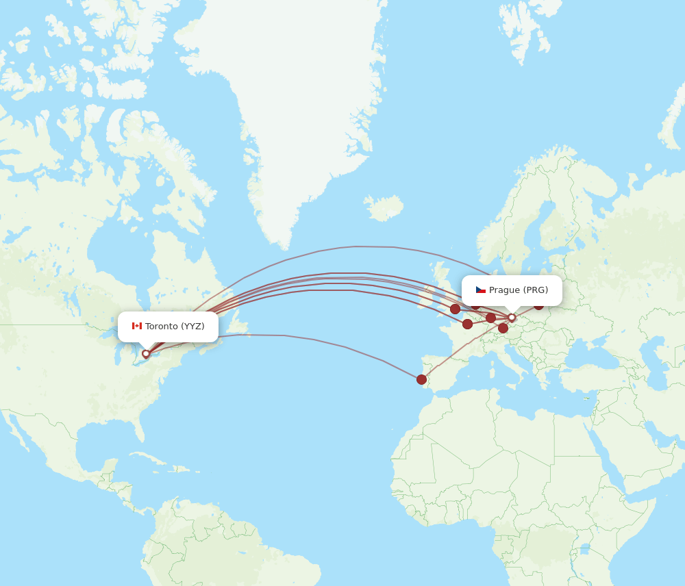Toronto - Prague route map and flight paths