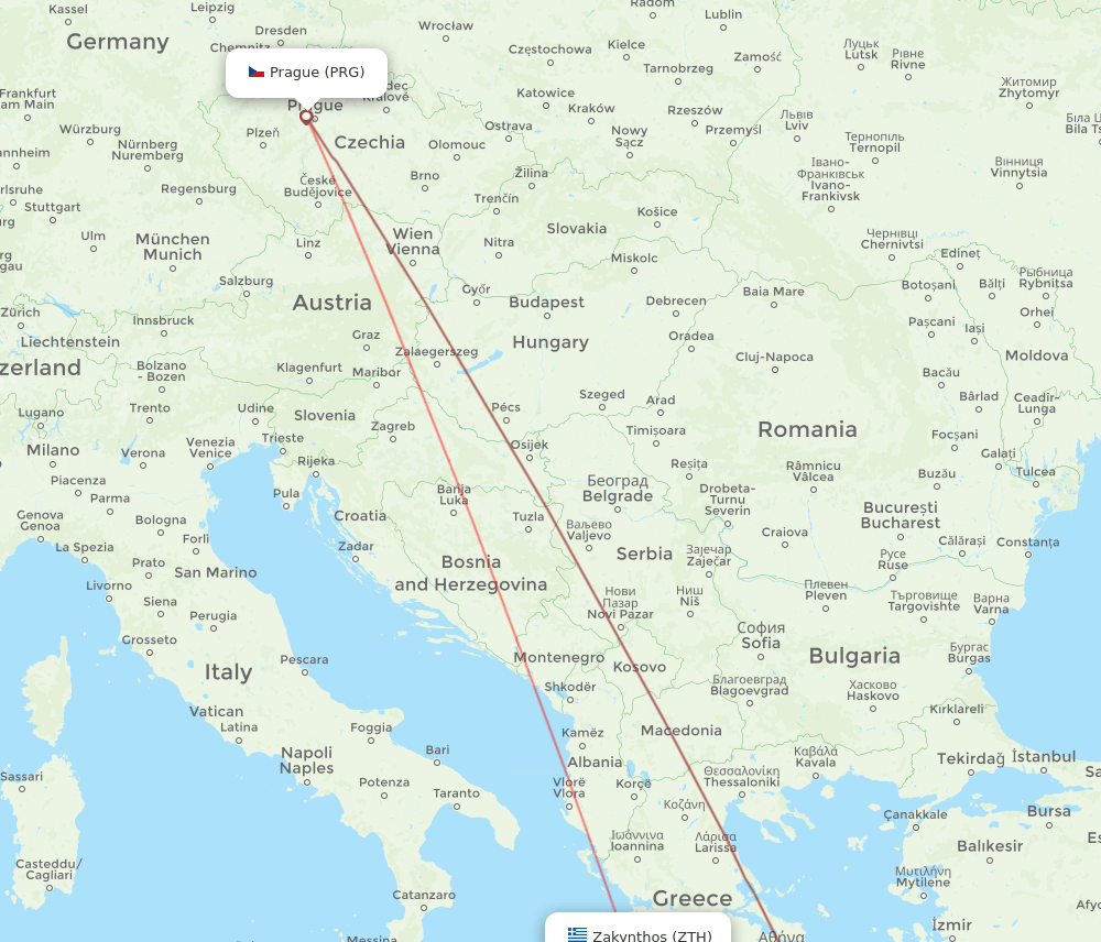 Zakinthos - Prague route map and flight paths