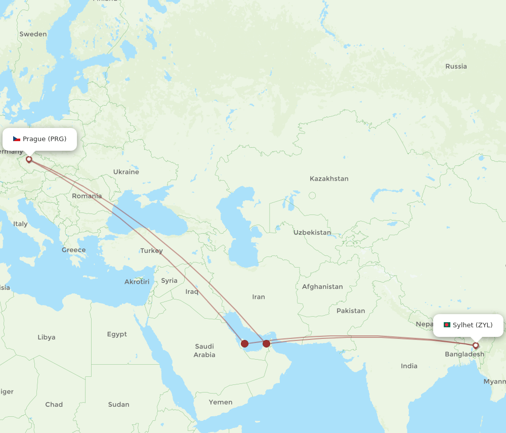 Sylhet - Prague route map and flight paths
