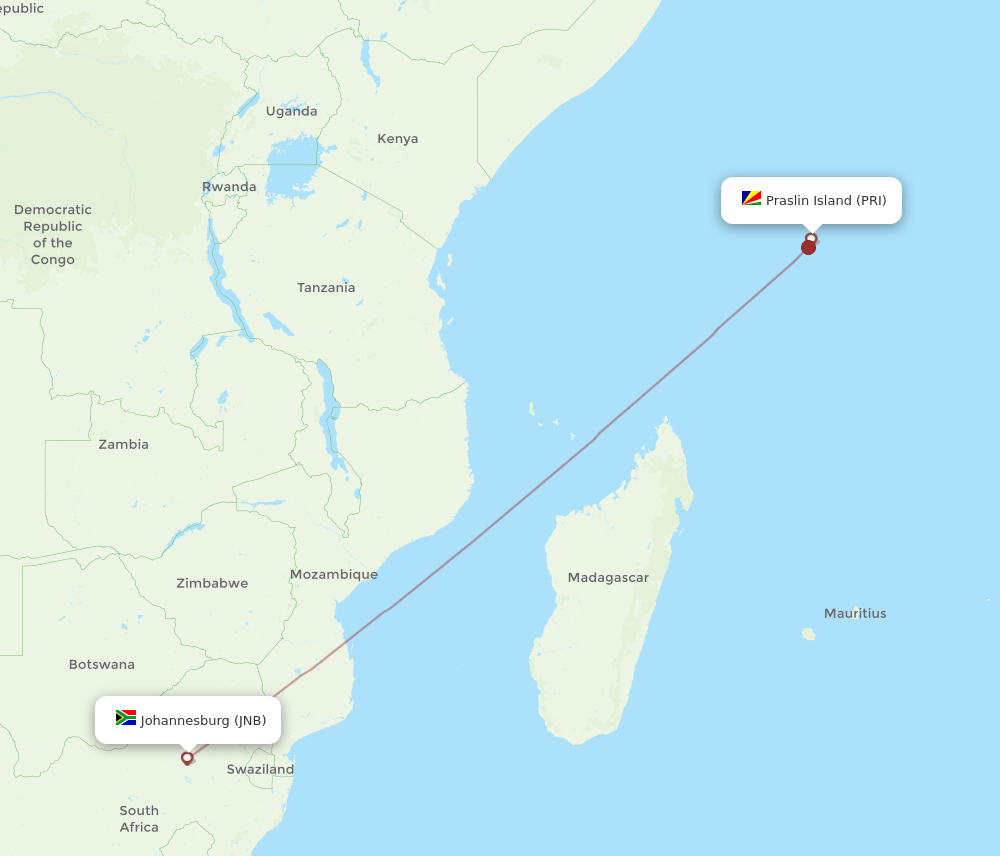 Johannesburg - Praslin Island route map and flight paths