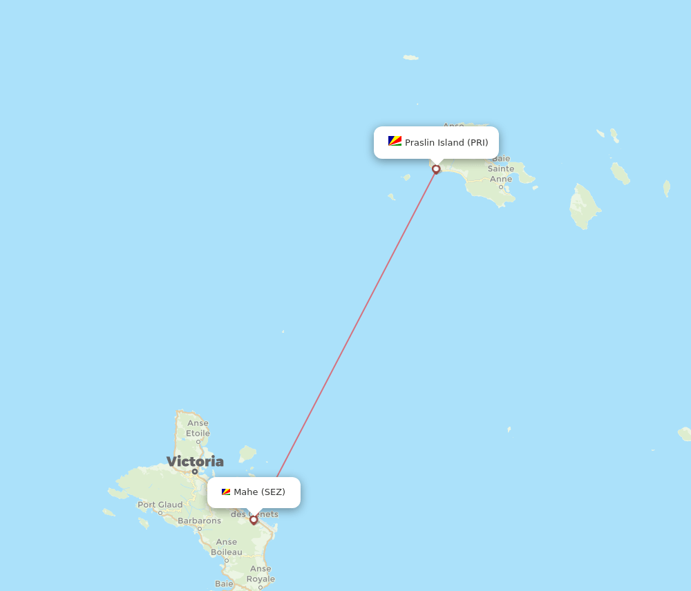 Praslin Island - Mahe Island route map and flight paths
