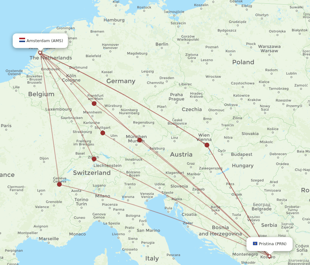 PRN-AMS flight routes