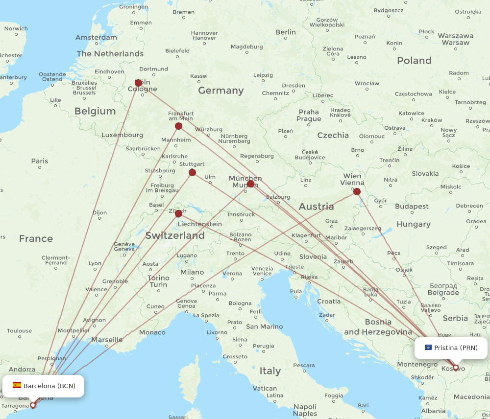 PRN-BCN flight routes
