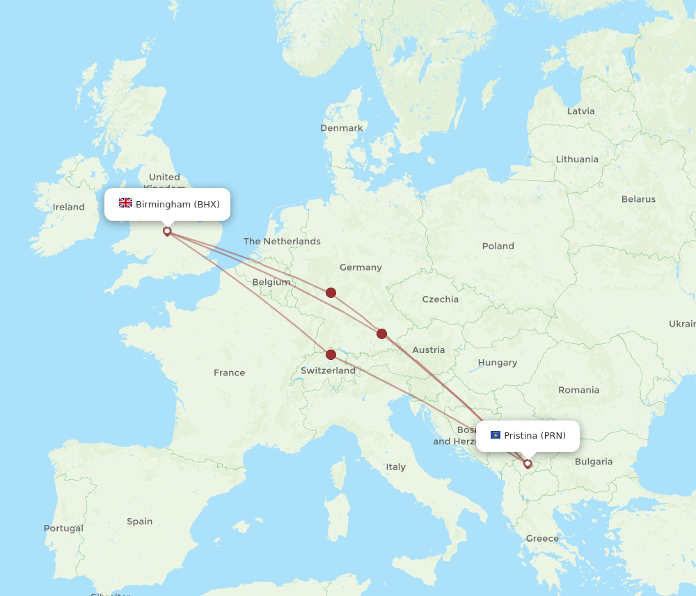 PRN-BHX flight routes
