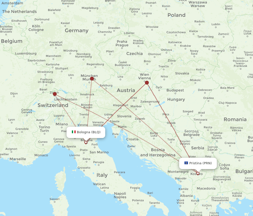 PRN to BLQ flights and routes map