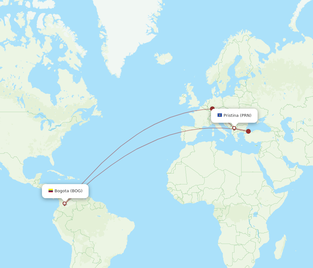 Bogota - Pristina route map and flight paths