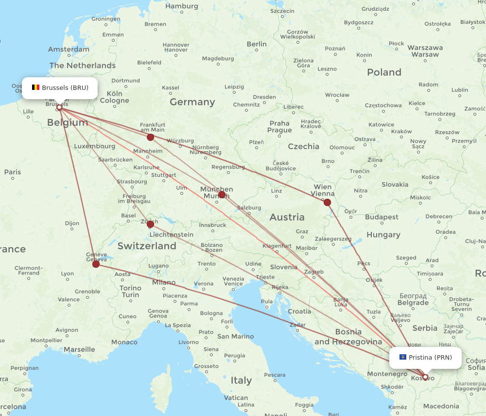 PRN-BRU flight routes