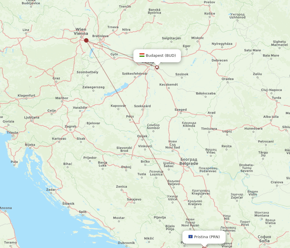 PRN to BUD flights and routes map