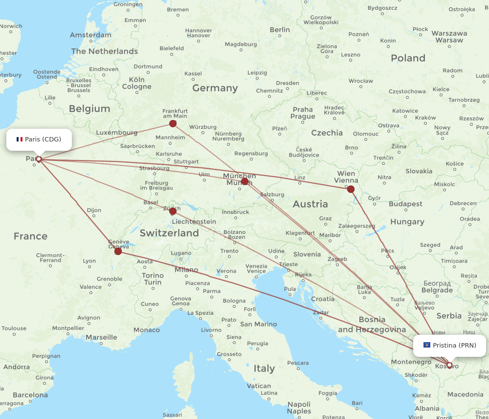 PRN-CDG flight routes