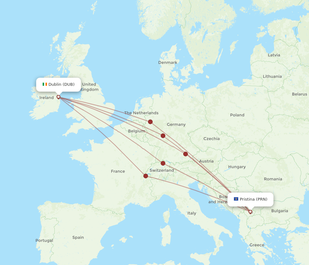 PRN-DUB flight routes