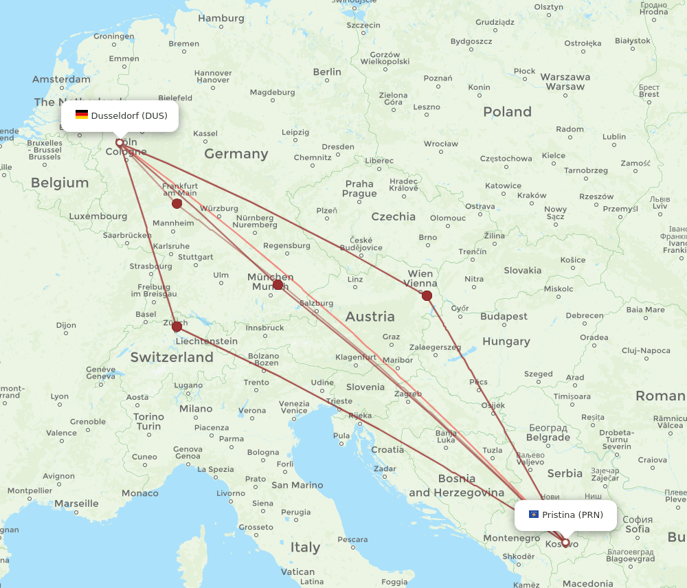 PRN-DUS flight routes