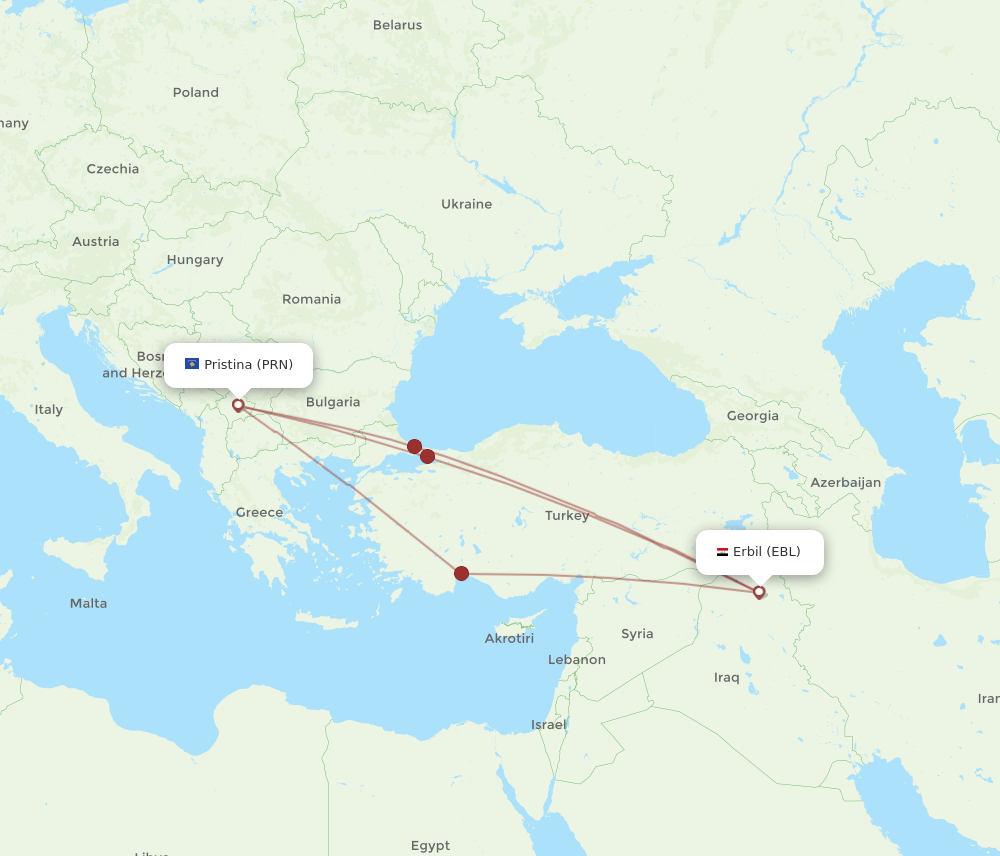 PRN-EBL flight routes