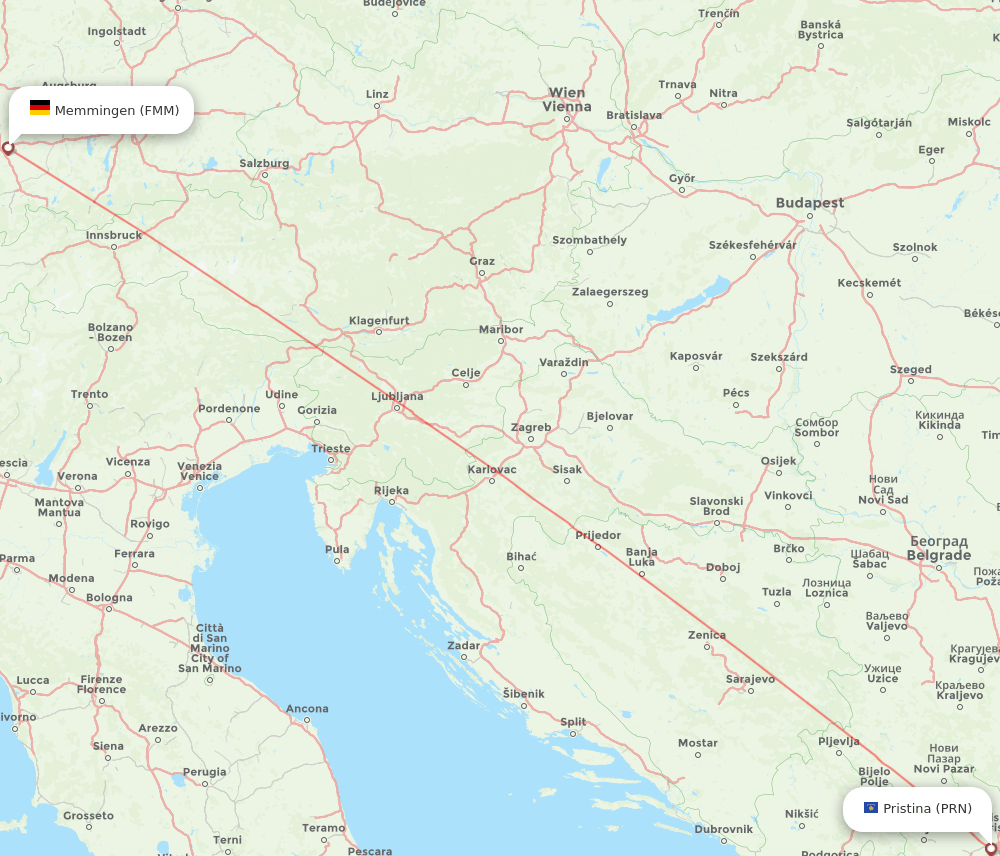 Pristina - Memmingen route map and flight paths