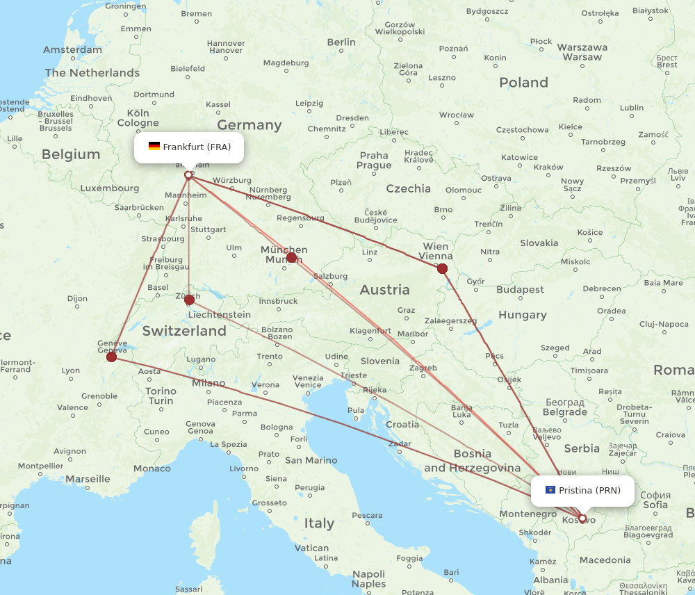 PRN-FRA flight routes