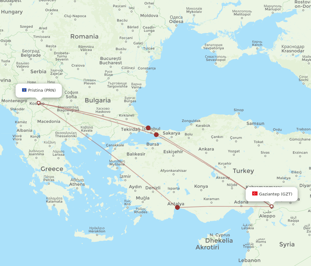 PRN-GZT flight routes