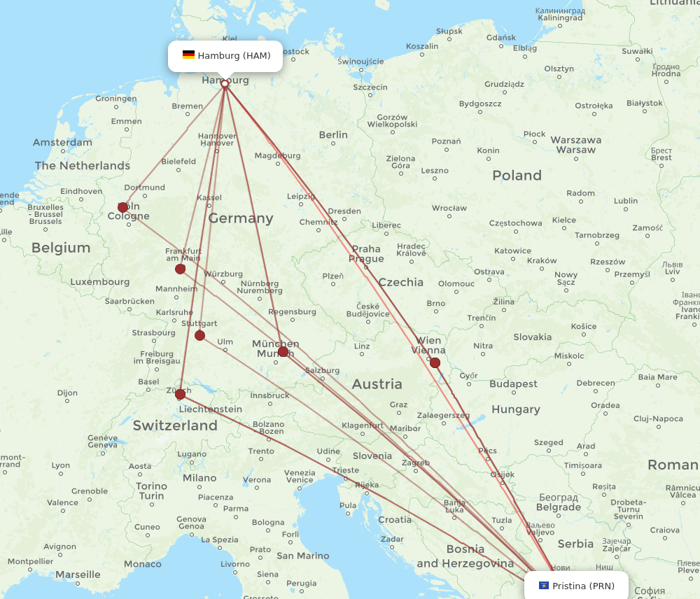 PRN-HAM flight routes