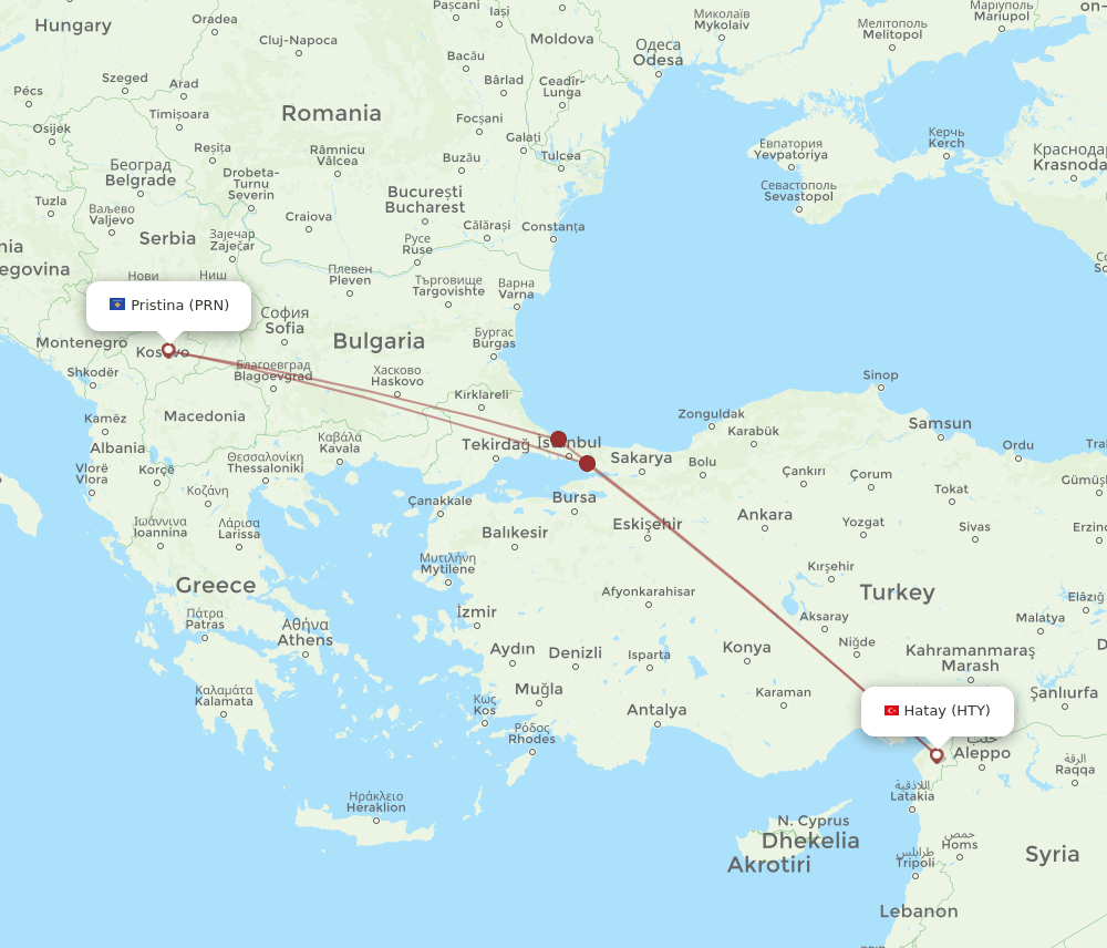 PRN to HTY flights and routes map