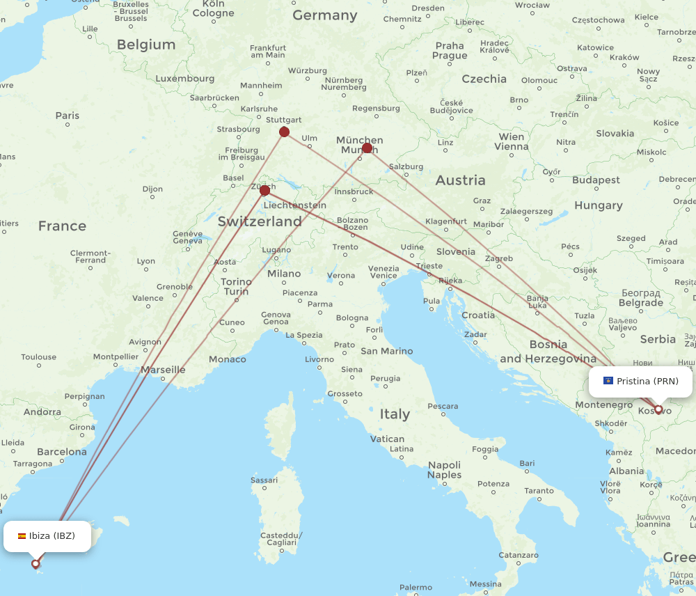PRN-IBZ flight routes