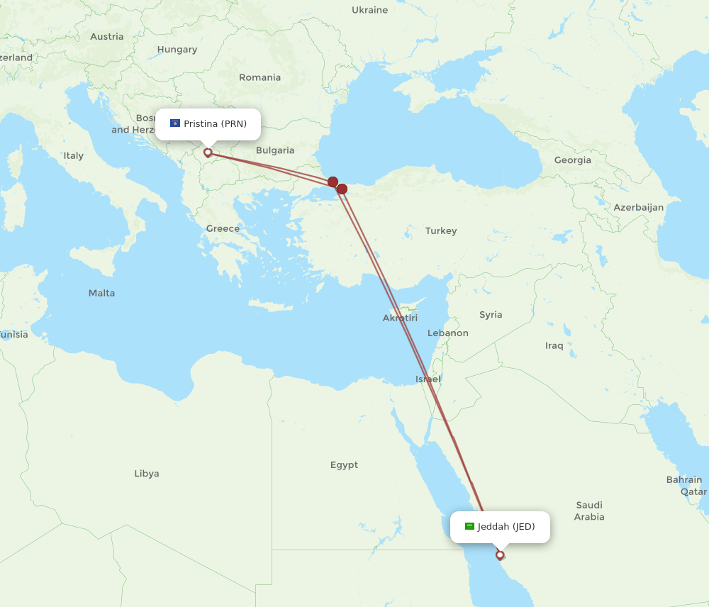 PRN-JED flight routes
