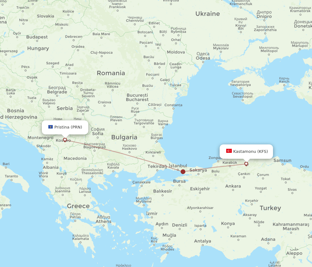 PRN-KFS flight routes