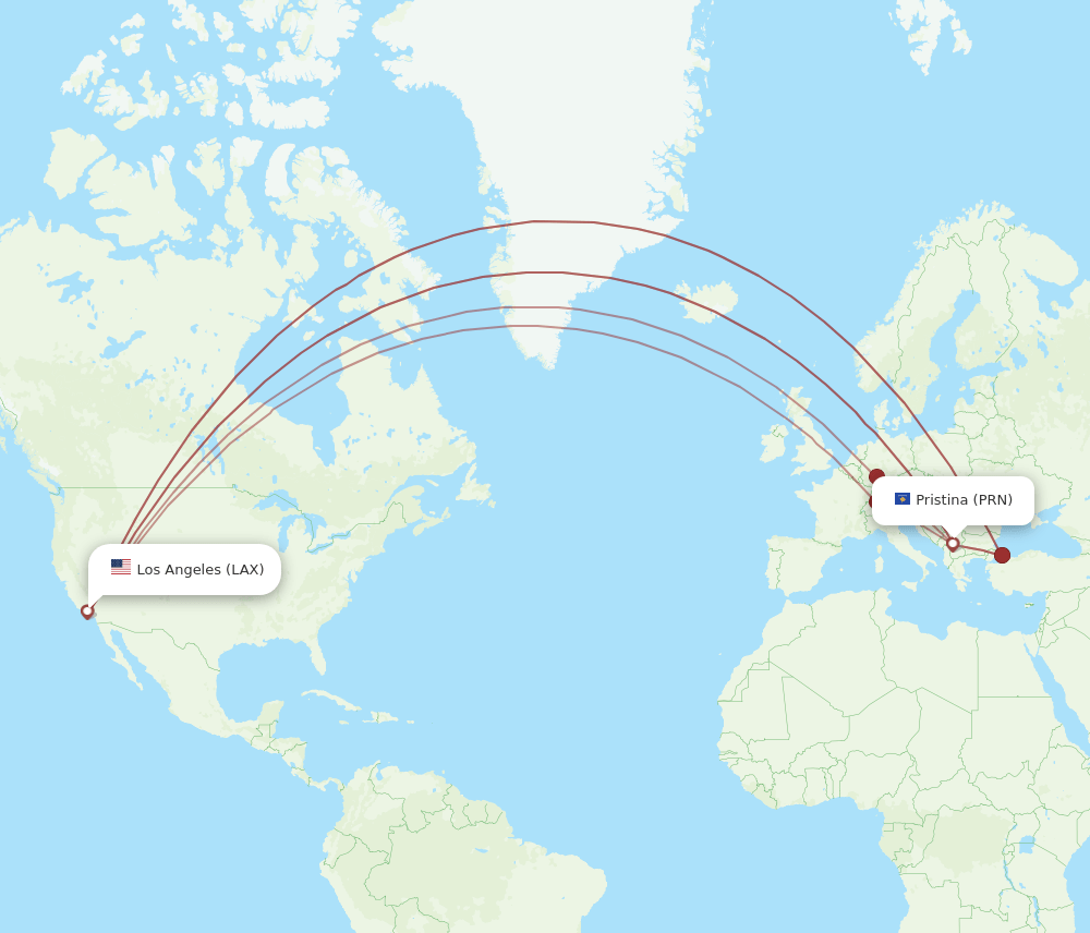 PRN to LAX flights and routes map