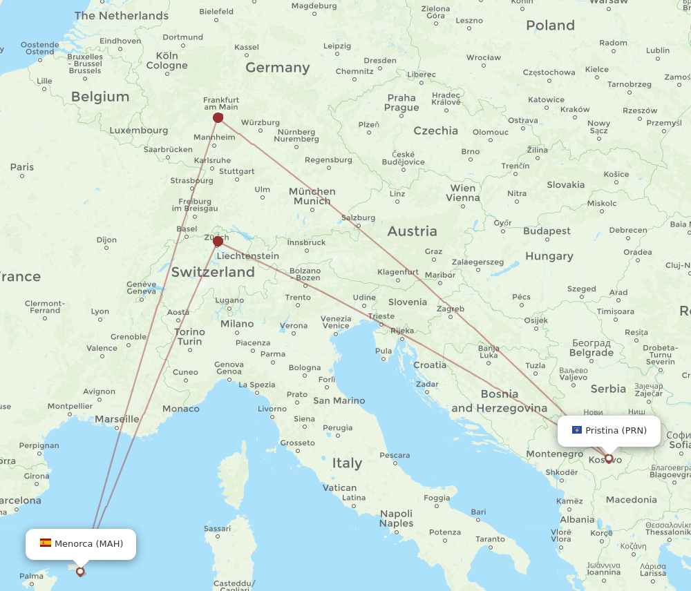 PRN-MAH flight routes