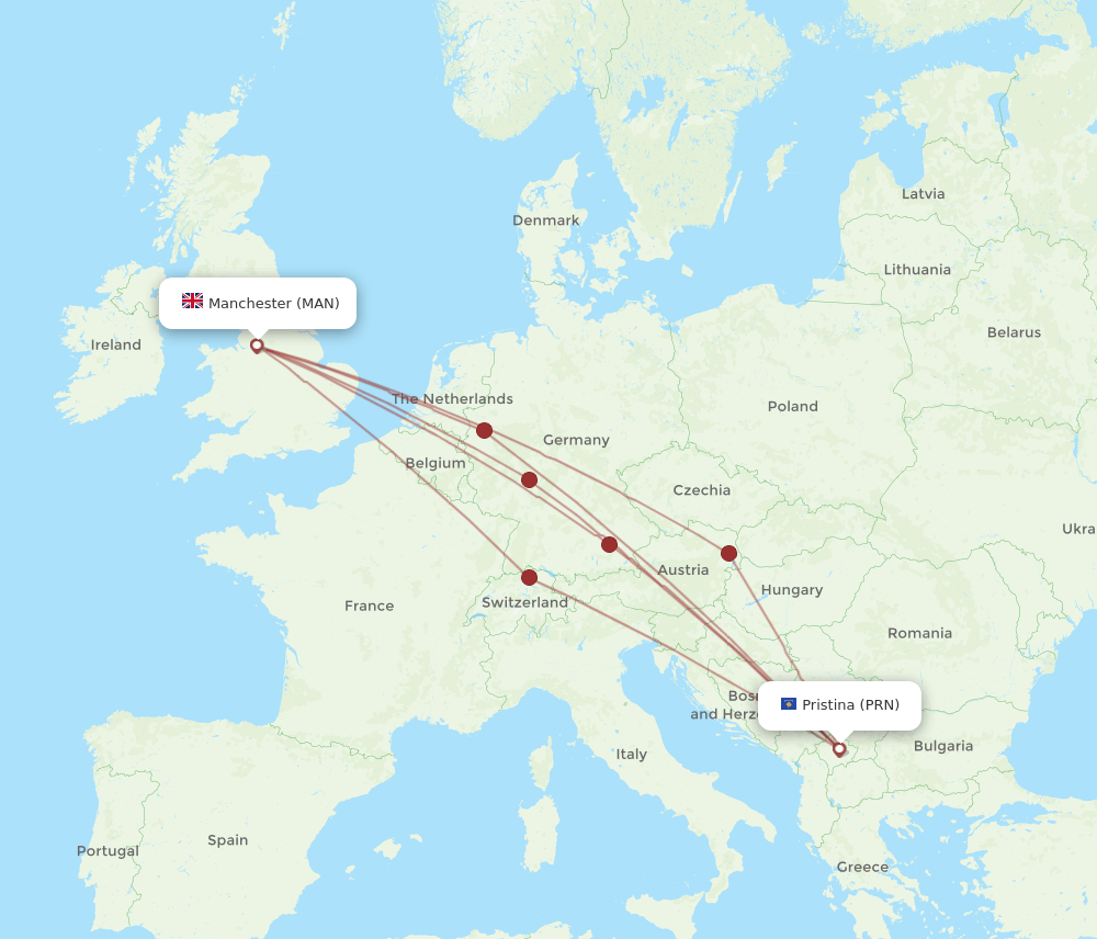 PRN to MAN flights and routes map
