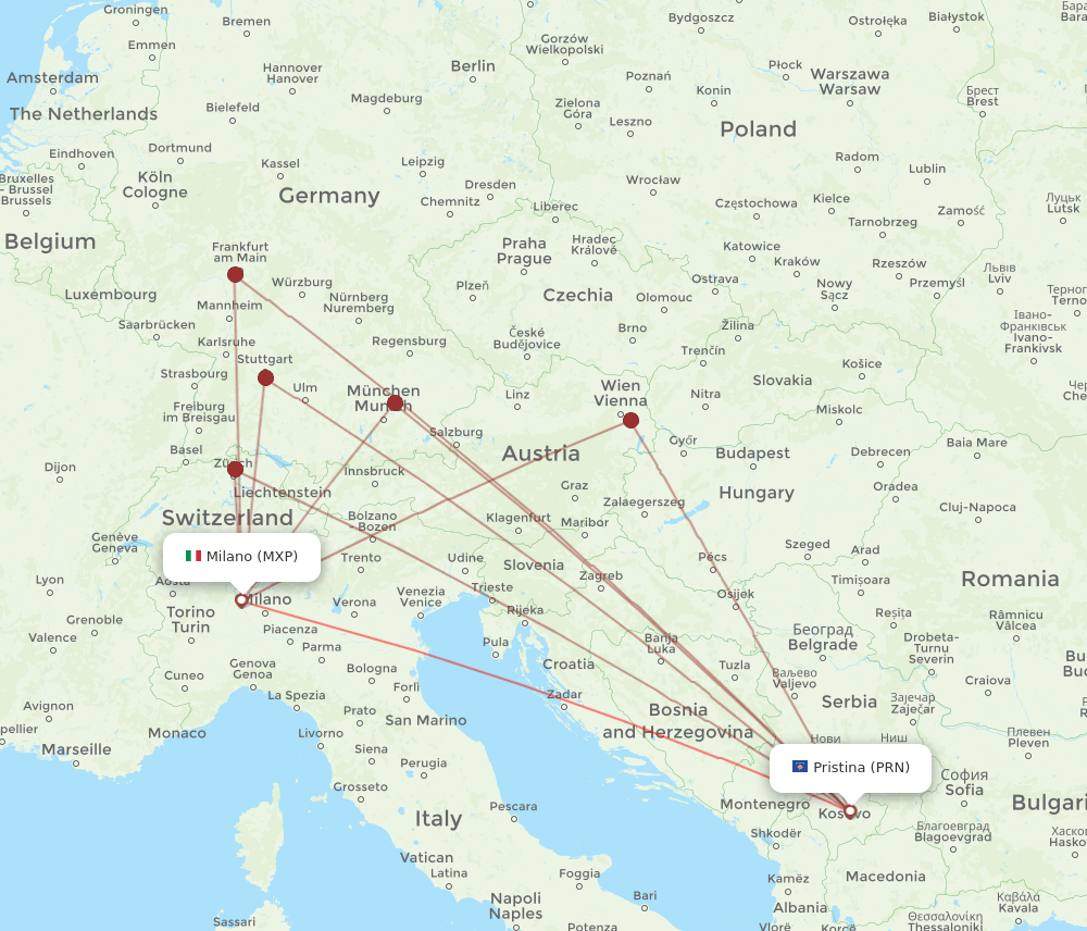 PRN-MXP flight routes