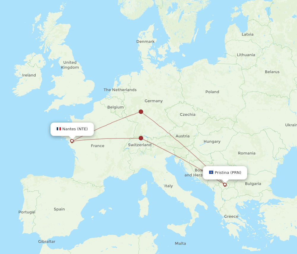 PRN-NTE flight routes