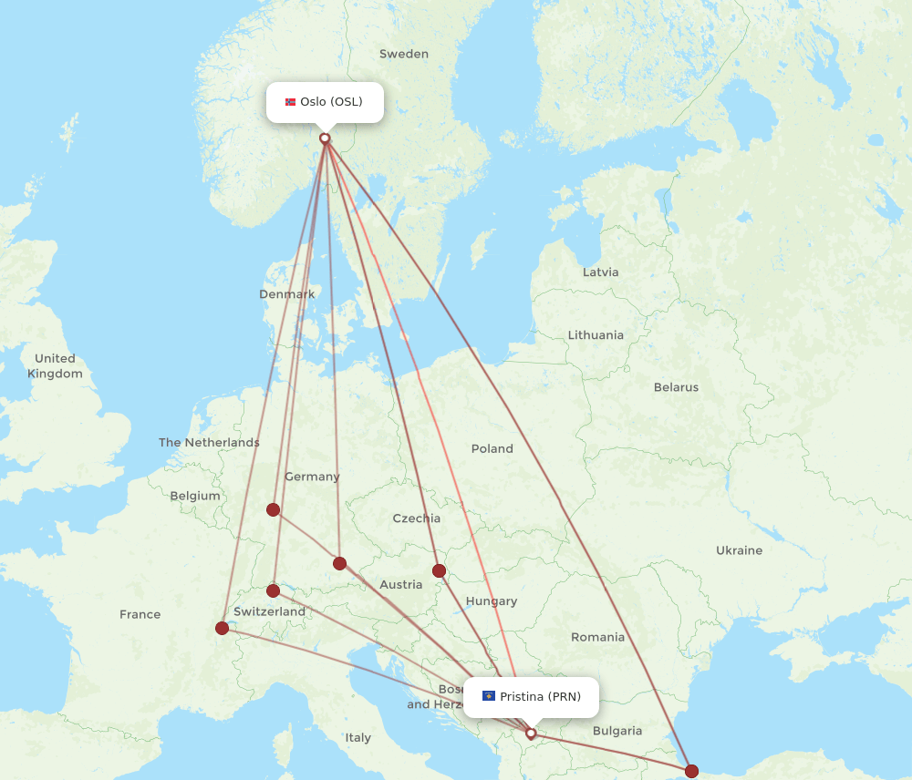 PRN to OSL flights and routes map
