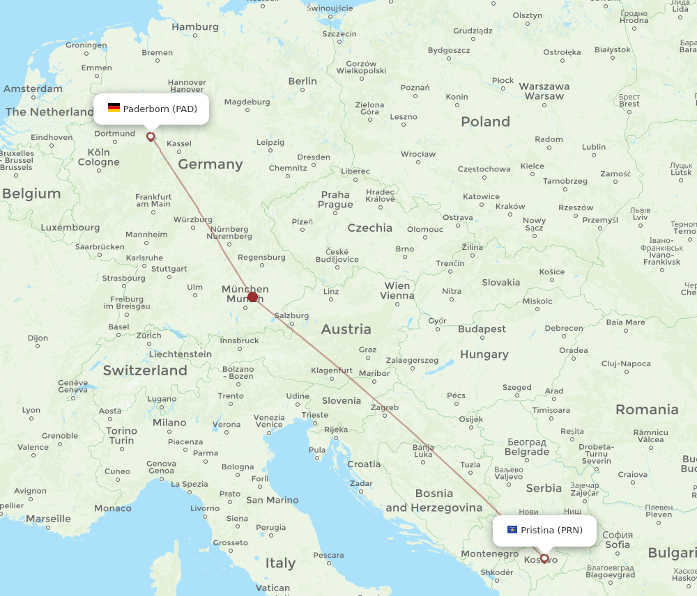 Pristina - Paderborn route map and flight paths