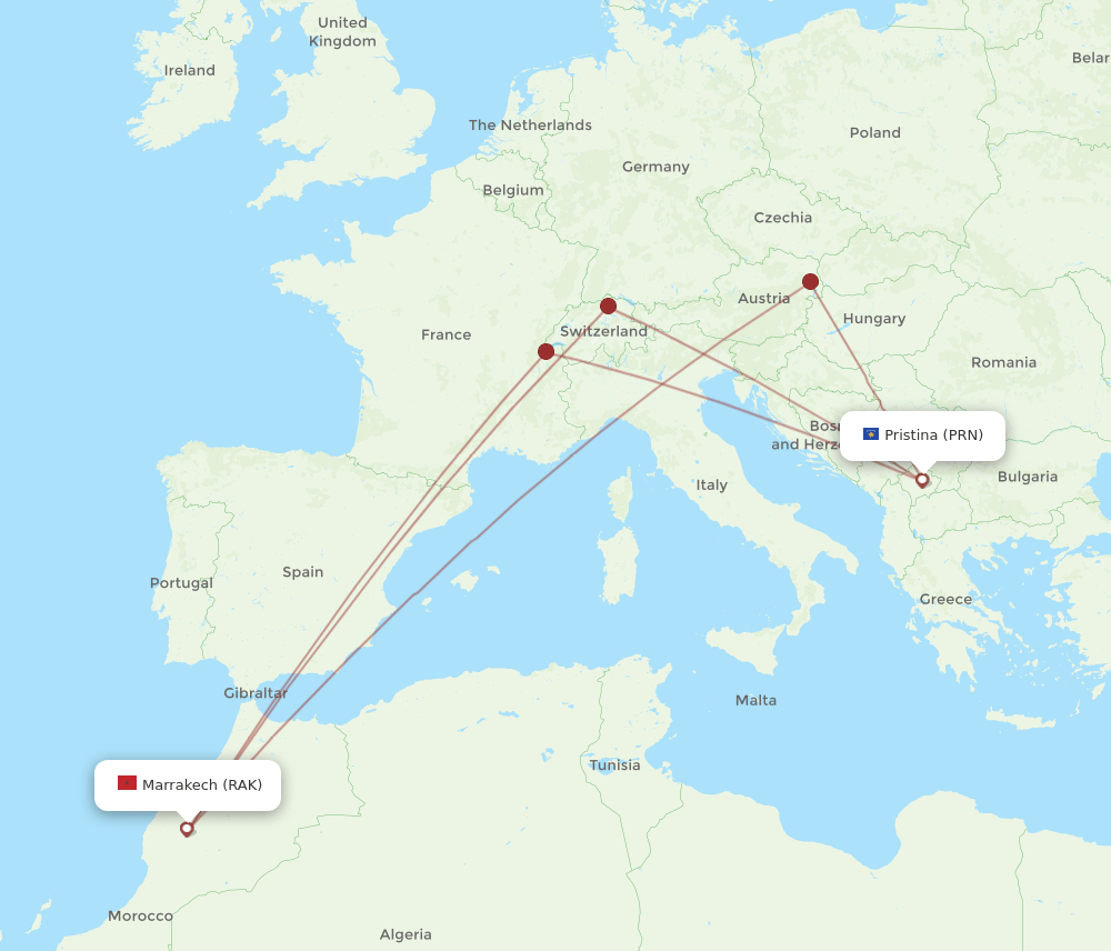 PRN-RAK flight routes