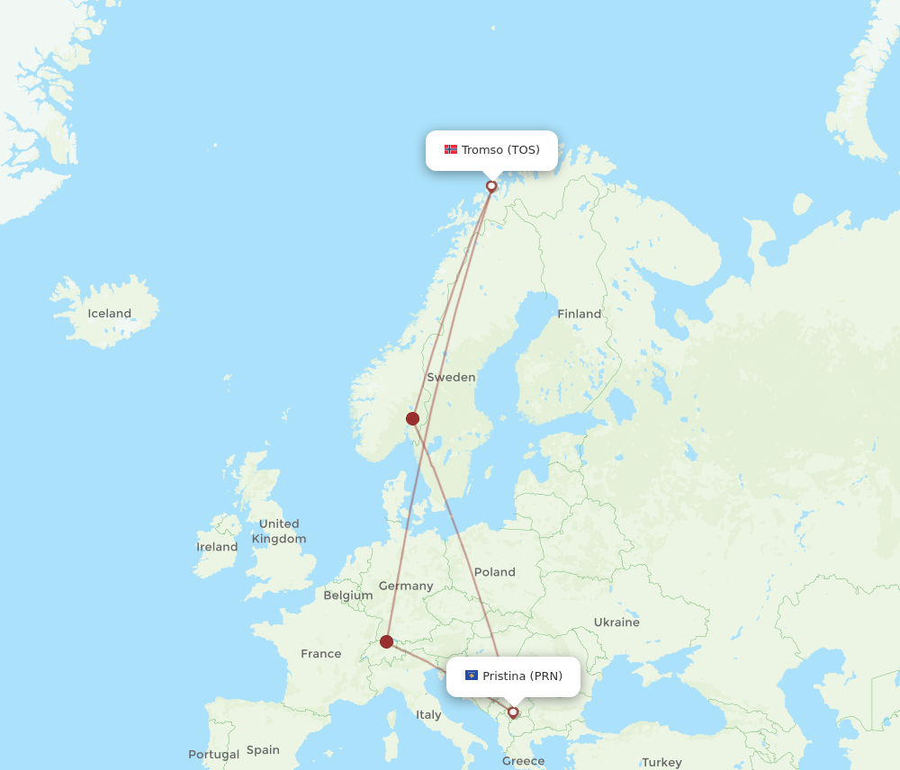 PRN to TOS flights and routes map
