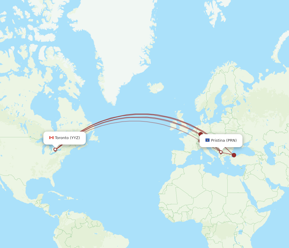 Toronto - Pristina route map and flight paths