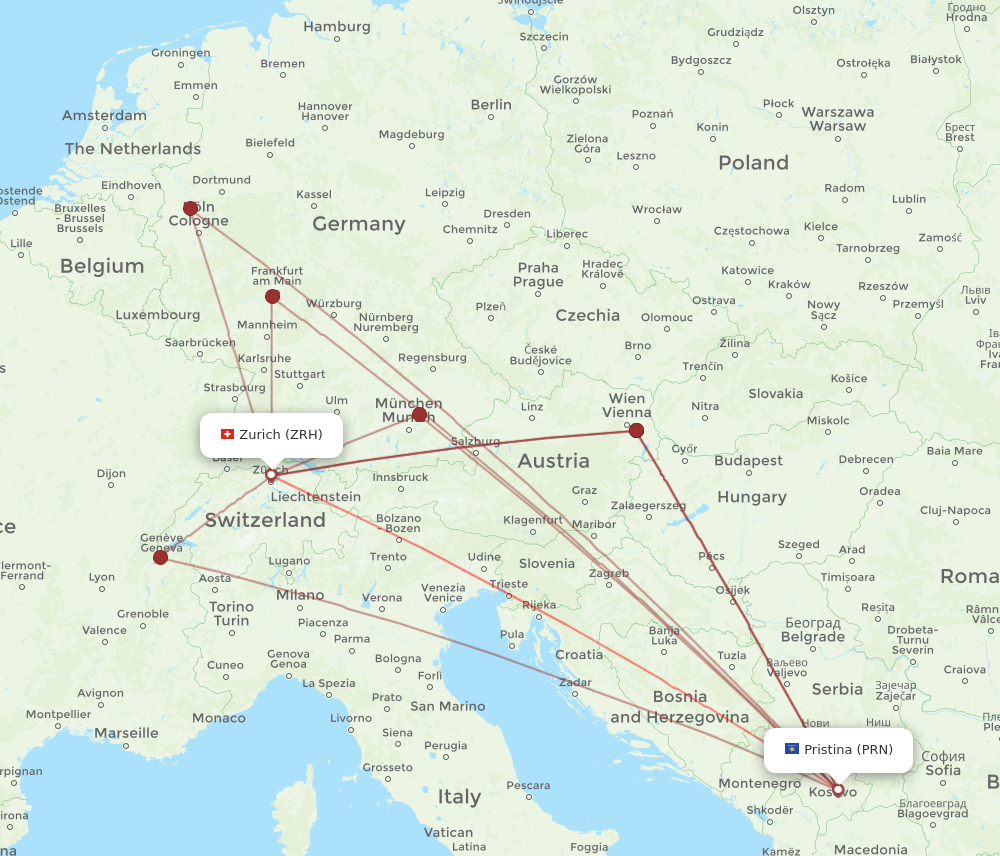 PRN to ZRH flights and routes map