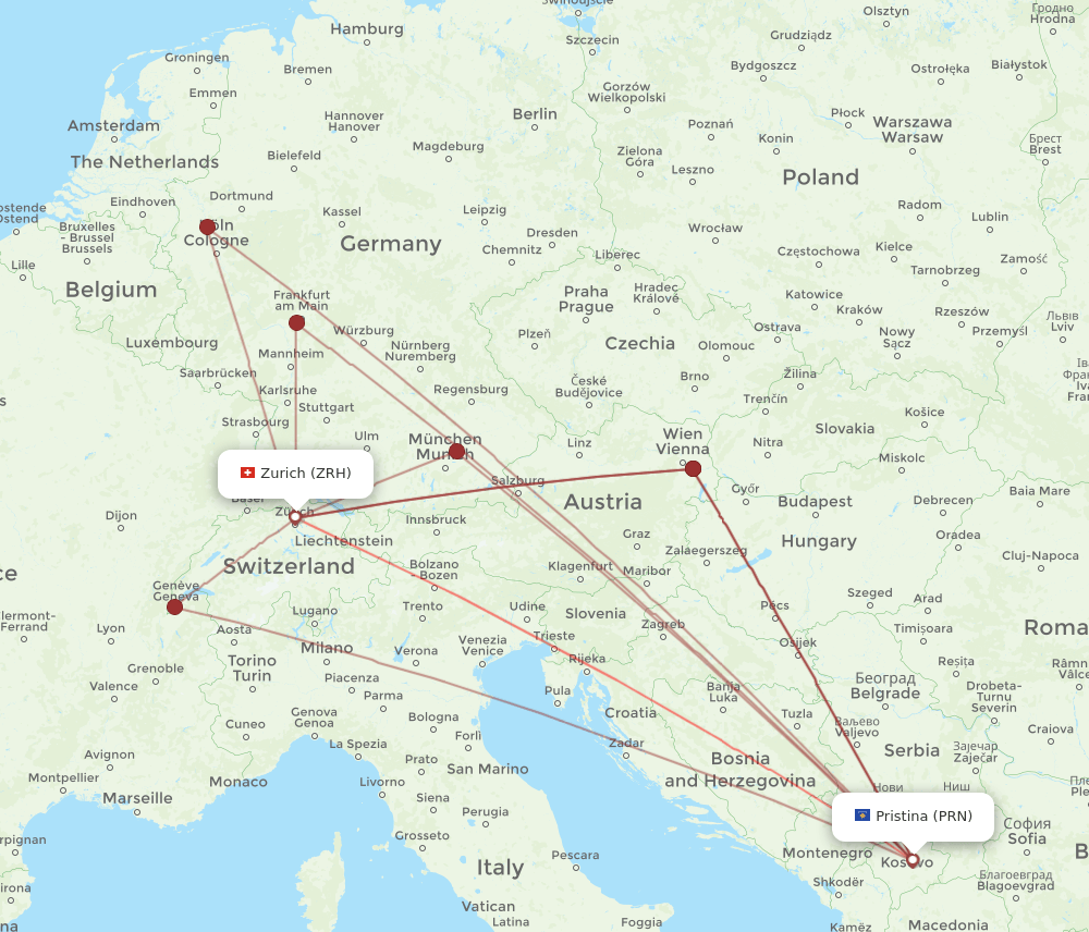 PRN to ZRH flights and routes map